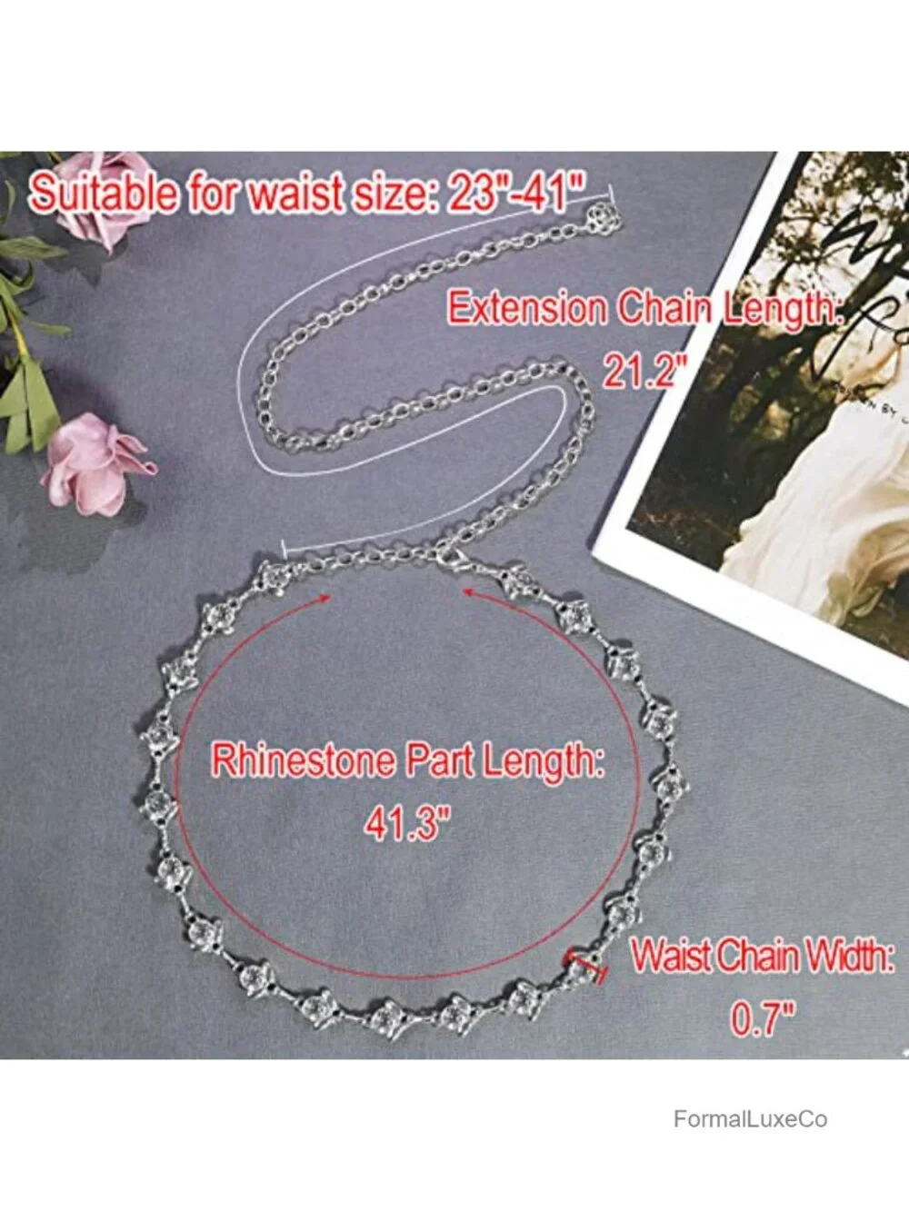 Women's Rhinestone Crystal Chain Belt, Adjustable Metal Waist Belt, Party